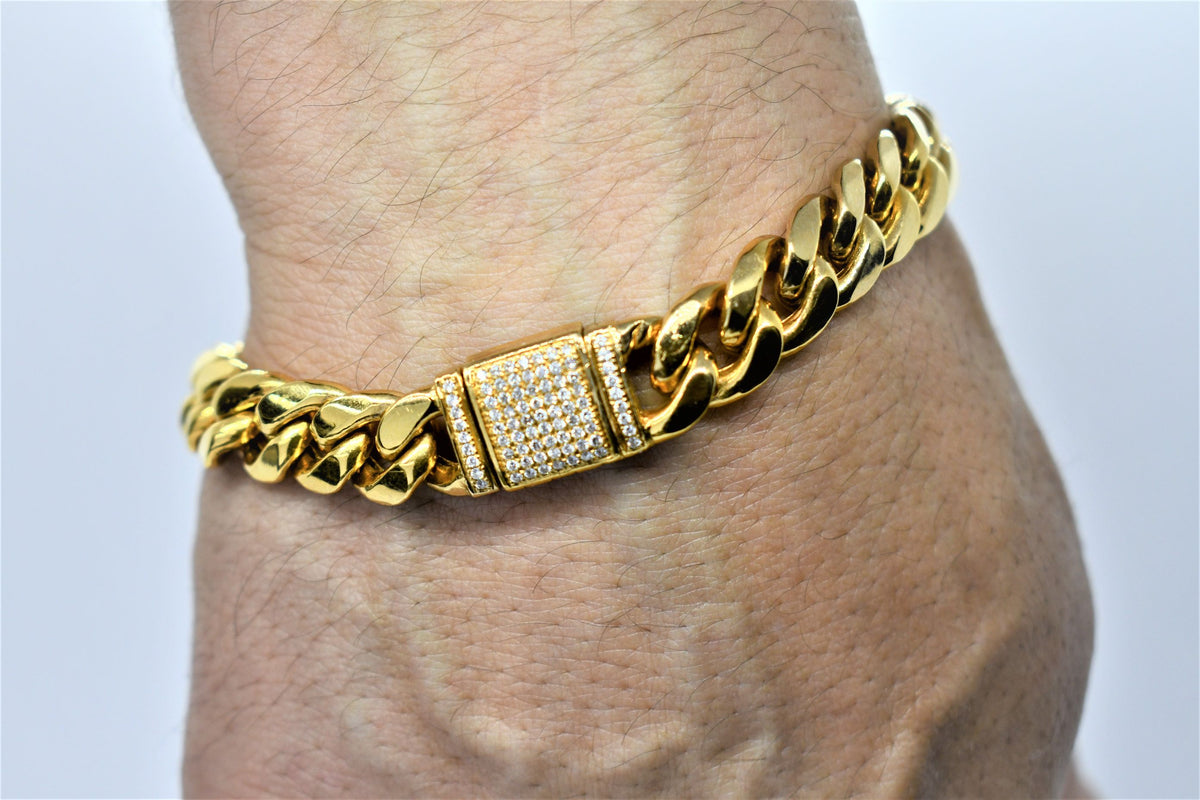Men's Cuban Link Bracelet With Diamond Lock Solid Gold – Touch