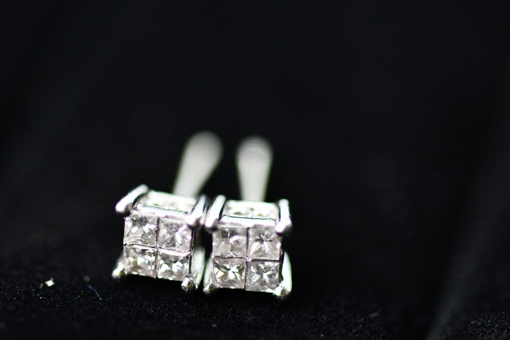 
                  
                    Four diamond square earrings- 1/2ct diamond weight 14k white gold
                  
                